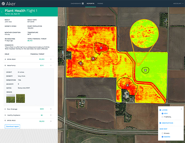 Aker software provides detailed field maps pinpointing problem areas.